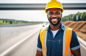 Portrait of successful middle age black man civil engineer on blurred background of the new motorway, looking at camera. Confident manager wearing yellow helmet and safety vest. - obrazy, fototapety, plakaty