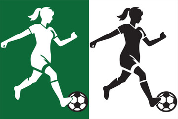 Realistic Female Soccer Player Icon, Striking Black & White Vector Illustration of a Skillful Girl Kicking Football, Perfect for Sports Enthusiasts and Graphic Design Projects, New, Unique, Silhouette