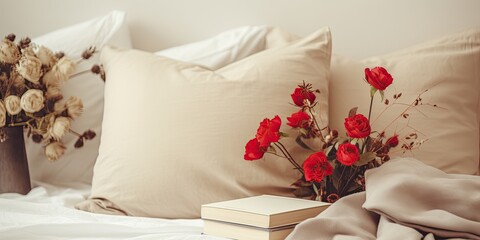 Modern classic interior design with a stylish beige bedroom, featuring a bed, linen, pillows, mirror, bedside table, red berries bouquet, and book. Comfortable home living room.