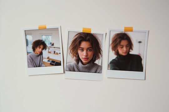 Three Polaroid photos depicting a young professional in different work scenarios, placed against a white background, showcasing modern work-life balance.