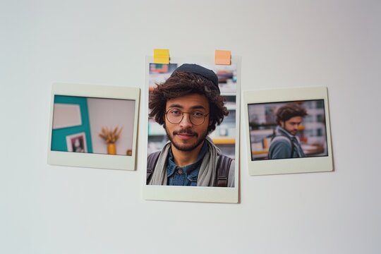 Three Polaroid photos depicting a young professional in different work scenarios, placed against a white background, showcasing modern work-life balance.