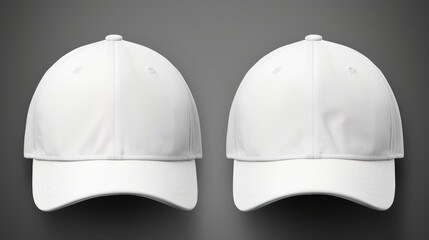  a pair of white baseball caps sitting on top of a black table next to a pair of white baseball caps.