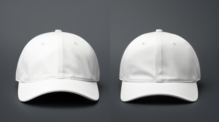  two views of a white baseball cap on a gray background, one of the caps has a white brimmed peak and the other has a white brimmed peak.