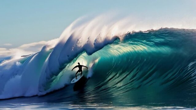 Surfers riding hude waves. Loopable. AI generated