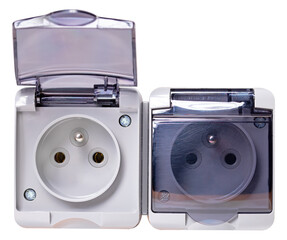 Fototapeta premium Electrical socket with flap on isolated background.