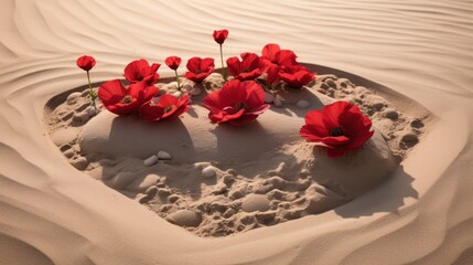  a group of red flowers growing out of a rock in the shape of a heart in the middle of a sandy area.