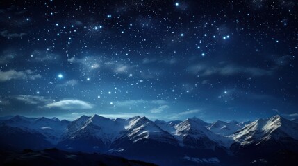  the night sky is full of stars and the mountains are silhouetted against the backdrop of snow - capped mountains.