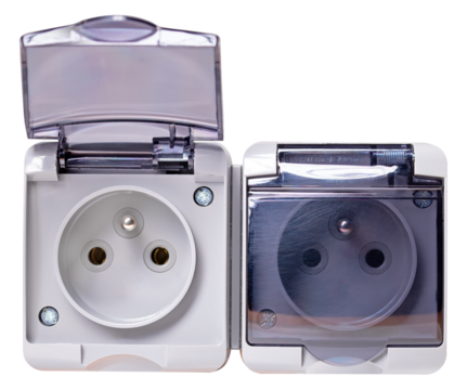 Electrical socket with flap on isolated background.