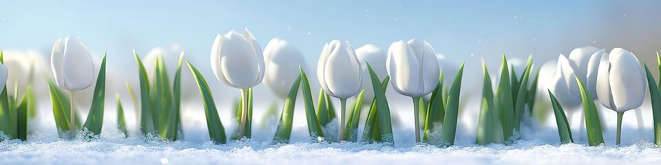 White tulips in a row in snow with blurred frosty blue sky, Spring is coming, new beginning, background banner for web, cards