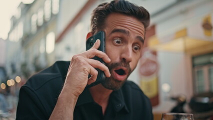 Emotional man yelling smartphone call at city closeup. Gentleman arguing phone