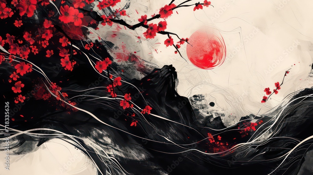 Wall mural black and red abstract illustration painted with brush.red flowers, black wave, cherry blossom on ch - Wall murals