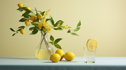  a vase filled with yellow flowers and lemons next to a glass of water and a lemon slice on a table.