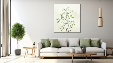  a living room with a couch, coffee table and potted plant on the side of the couch and a painting on the wall.