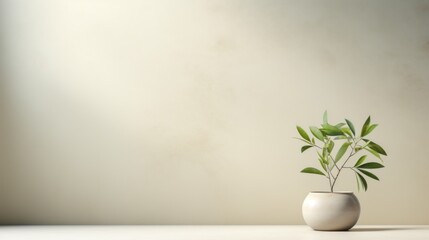  a white vase with a green plant in it on a white table with a light colored wall in the background.