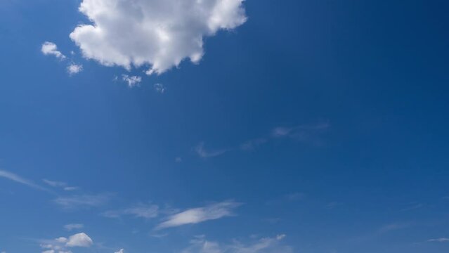 blue sky with clouds in the sky time lapse natural background. clear space hight atmosphere in spring season. good weather condition for outdoor activity. fluffy white clouds flying high on screen. 