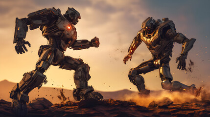 The war between robots and cyborgs,  two of the main characters in the focus of the conflict - obrazy, fototapety, plakaty