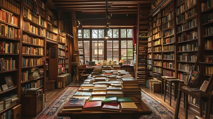 an antique bookstore with floor-to-ceiling shelves filled with books, offering a cozy and nostalgic ambiance - obrazy, fototapety, plakaty