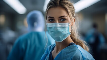 Obraz na płótnie Canvas Nurse woman in hospital scrubs and surgical mask