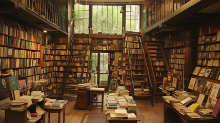 Obraz premium an antique bookstore with floor-to-ceiling shelves filled with books, offering a cozy and nostalgic ambiance