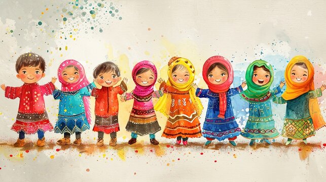 Group of happy muslim kids in colorful clothes, illustration painting background