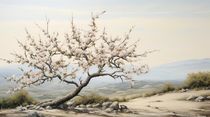  a painting of a tree with white flowers in the foreground and a mountain range in the distance in the background.
