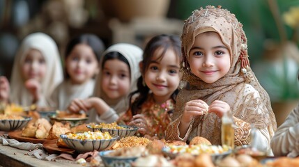 Muslim little girls in traditional clothes at the table during Eid Mubarak