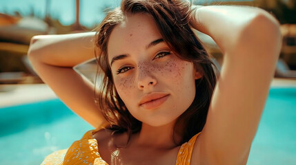 Mujer joven morena, muy guapa, tomando el sol en la tumbona de una piscina