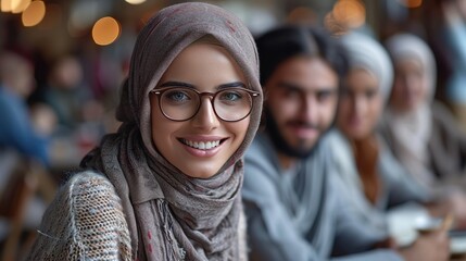 Portrait of a young muslim woman with glasses in a cafe