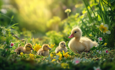 Adorable spring scene with baby animals, including ducklings in a lush meadow, perfect for themes of new life and nature.