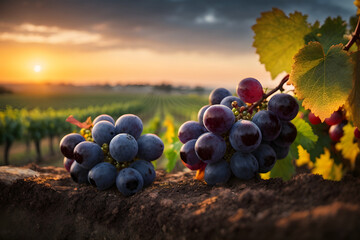 Black grape on vineyards background, winery at sunset, panoramic view banner. - obrazy, fototapety, plakaty
