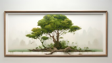  a painting of a tree in the middle of a room with a white wall and a painting of a tree in the middle of the room.
