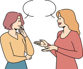 Dialogue between two women gossiping about life and sharing plans for future, standing near speech bubble. Focused woman listening to female friend during dialogue or monologue about personal goals