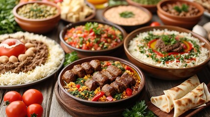 Plates with different delicious pilaf on wooden table