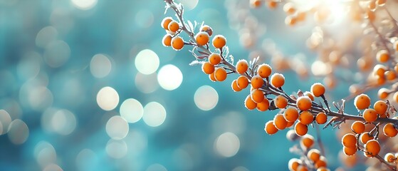 Sea buckthorn branch with ripe orange colored fruits against blurred background, panoramic banner...