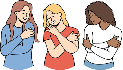 Various women hug themselves demonstrating narcissism and ignoring people around them. Concept of narcissism in society and introverted character of multinational girls in need of support