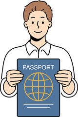 Man with international passport in hands that allows him to travel world and visit countries without obtaining visa. Smiling guy shows passport confirming right to tourism or residence in region