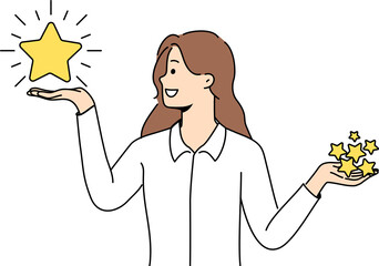 Woman holds rating stars in hands and chooses what rating to give to restaurant on website with reviews. Smiling girl in libra pose encourages you to evaluate your user experience with company