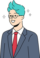 Businessman with funny hairstyle smiling posing in formal suit with tie and bright colored hair. Stylish young businessman stands out among office employees working in corporate field