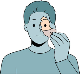 Man tears off fragment of own face to change shell and get rid of psychological problems. Unemotional guy needs self-renewal to improve psychological health and eliminate depressive thoughts