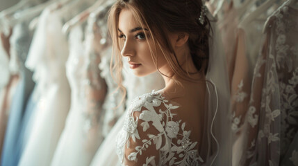 Fototapeta premium A young bride choosing wedding dress