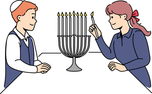 Jewish children stand near minora with burning candles, preparing for traditional holiday hanukkah