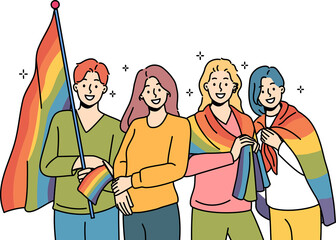 LGBT people with rainbow flags for gay parade are called to celebrate pride month
