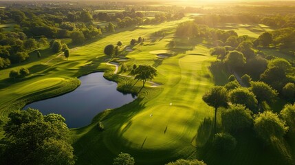 Aerial View over a Golf Course in Sunshine - obrazy, fototapety, plakaty