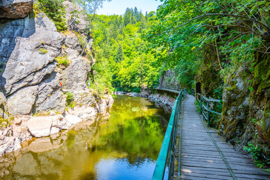Wooden bridge pathway above Jizera River. Rieger Trail between Semily and Spalov. Czechia