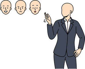 Faceless business man chooses mask face with different emotions, for concept of ability to manage mood. Businessman in formal suit choosing suitable emotions to manipulate during negotiations