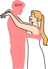 Lonely woman hugs fictional man, experiencing psychological distress due to absence of boyfriend. Lonely girl invented non-existent groom with number 404 on head needs help of psychotherapist