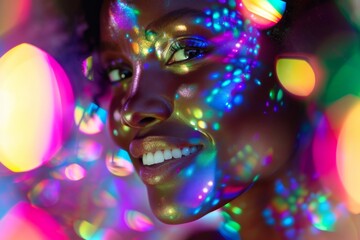 Portrait of a beautiful african american woman with neon lights on her face