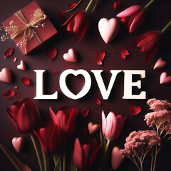 Love word on red background. Invitation card. Valentine's day. AI generated