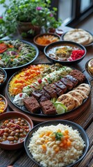 Obraz premium Traditional Turkish and Greek dinner appetizer table with meat, rice and vegetables