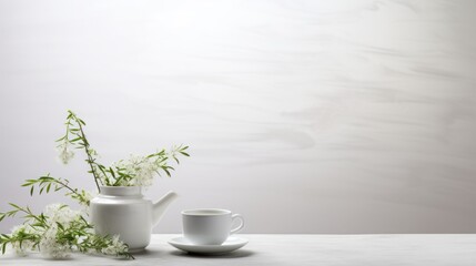  a white vase with white flowers and a white coffee cup on a white table with a white wall in the background. - obrazy, fototapety, plakaty